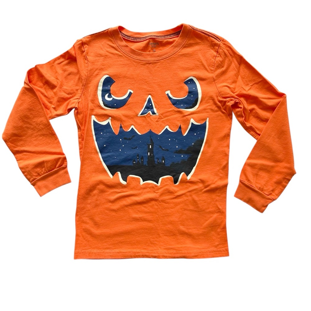 Carter's Orange Pumpkin Face Glow In Dark Long Sleeve Cotton Tee Unisex Size 12